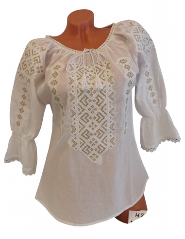 Ie tradițională albă cu broderie aurie geometrică – mărimi S-3XL