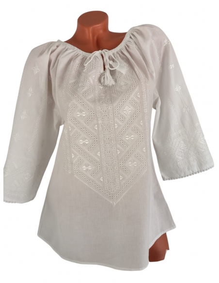 Ie Tradițională Albă cu Broderie  – Model Geometric, Mărimi S-3XL