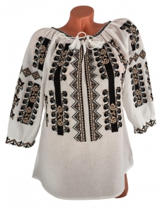 Ie Tradițională cu Broderie Neagră și Maro – Model Geometric Floral, Mărimi S-3XL