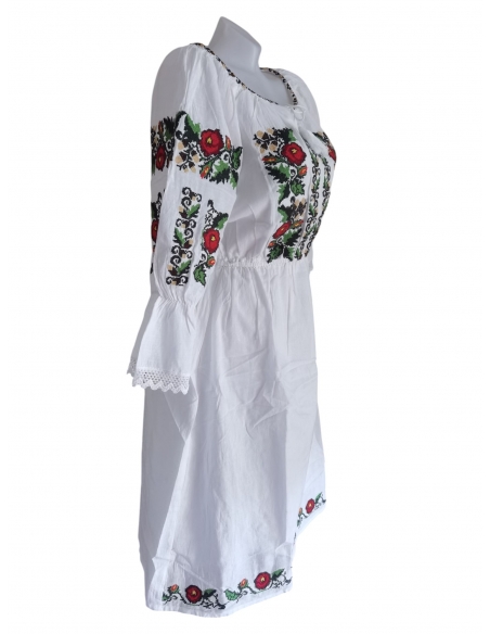 Rochie Tradițională Albă cu Broderie Florală – Marimi S-3XL