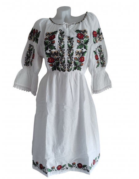 Rochie Tradițională Albă cu Broderie Florală – Marimi S-3XL