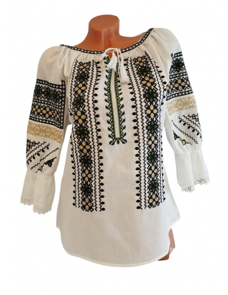 Ie Tradițională Românească Albă cu Broderie Neagră, Verde și Galben – Marimi S-3XL