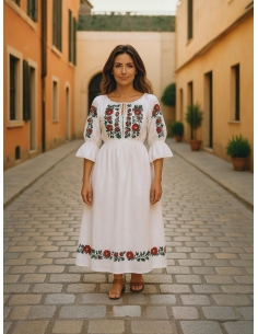 Rochie Tradițională Albă cu Broderie Florală – Marimi S-3XL