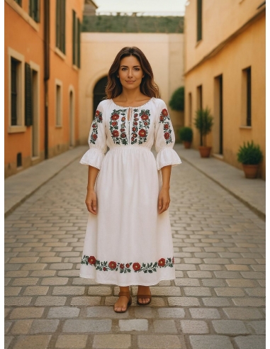 Rochie Tradițională Albă cu Broderie Florală – Marimi S-3XL