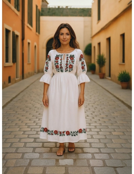 Rochie Tradițională Albă cu Broderie Florală – Marimi S-3XL