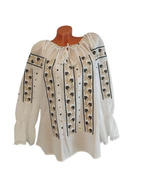 Ie Tradițională Dama cu Mâneca Lungă, Broderie Neagră și Crem, Mărimi S-3XL