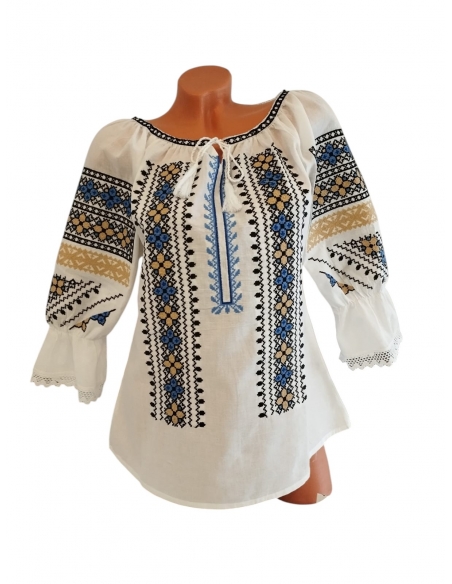 Ie Tradițională Dama cu Broderie Albastră, Neagră și Crem, Mâneca Lungă, Mărimi S-3XL