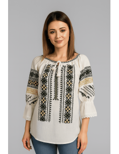 Ie Tradițională Românească Albă cu Broderie Neagră, Verde și Galben – Marimi S-3XL
