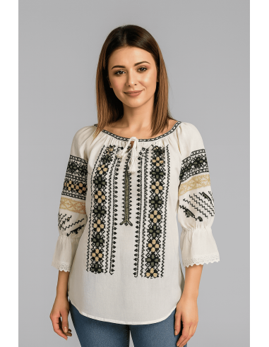 Ie Tradițională Românească Albă cu Broderie Neagră, Verde și Galben – Marimi S-3XL