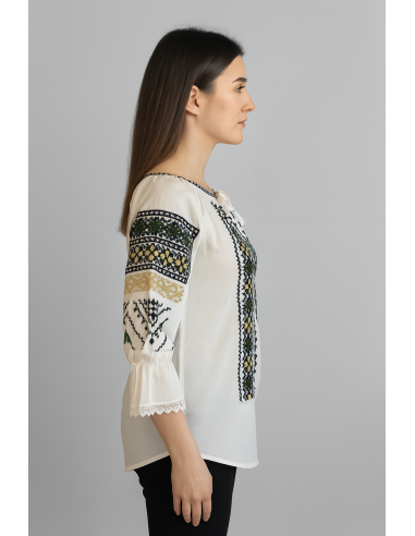 Ie Tradițională Românească Albă cu Broderie Neagră, Verde și Galben – Marimi S-3XL