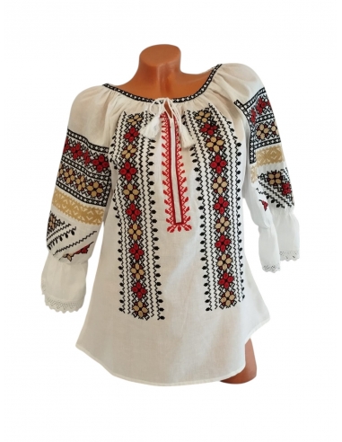 Ie Tradițională Românească cu Broderie Geometrică Roșu, Negru și Galben – Model Autentic
