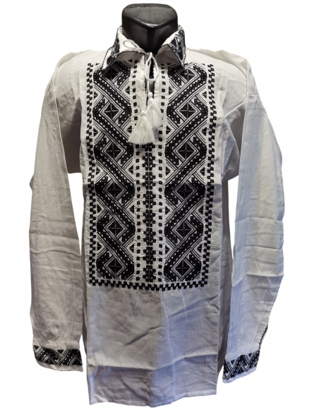 Ie tradițională românească bărbătească, broderie alb-negru, mărimi S–3XL