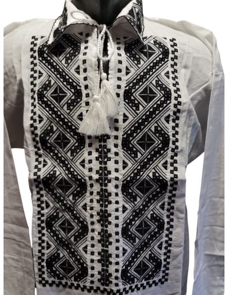 Ie tradițională românească bărbătească, broderie alb-negru, mărimi S–3XL