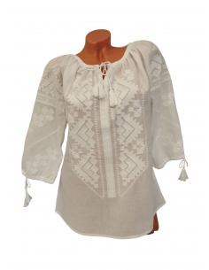Ie Tradițională Albă cu Broderie Albă Geometrică – 100% Bumbac, Croi Lejer și Elegant