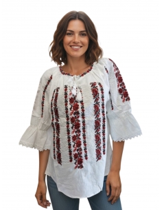 Ie românească tradițională din bumbac, brodată  cu motive florale roșu-negru – mărimi S-3XL