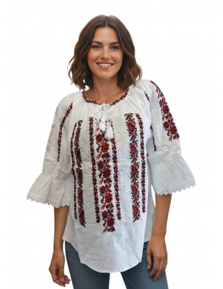 Ie românească tradițională din bumbac, brodată  cu motive florale roșu-negru – mărimi S-3XL