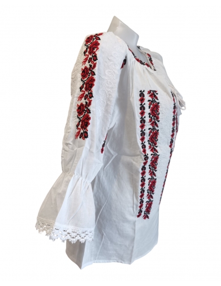 Ie românească tradițională din bumbac, brodată  cu motive florale roșu-negru – mărimi S-3XL