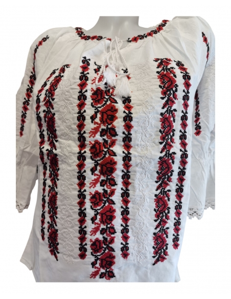 Ie românească tradițională din bumbac, brodată  cu motive florale roșu-negru – mărimi S-3XL