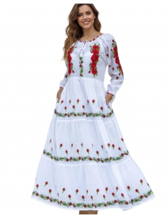Rochie Tradițională Lungă Albă cu Broderie Roșie – Mărimi...