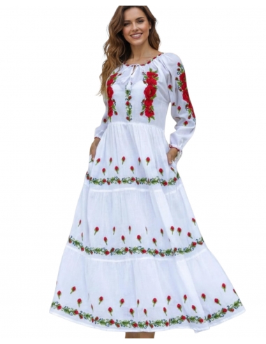 Rochie Tradițională Lungă Albă cu...