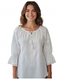 ie romaneasca alba cu broderie alba cu maneca trei sferturi material bumbac marimi S-3XL