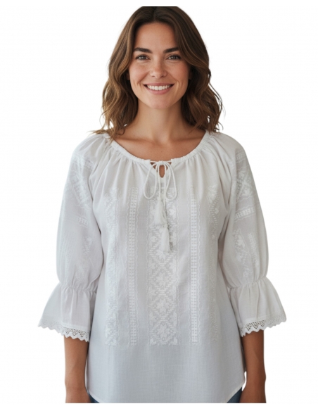 ie romaneasca alba cu broderie alba cu maneca trei sferturi material bumbac marimi S-3XL