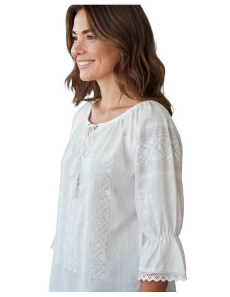 ie romaneasca alba cu broderie alba cu maneca trei sferturi material bumbac marimi S-3XL