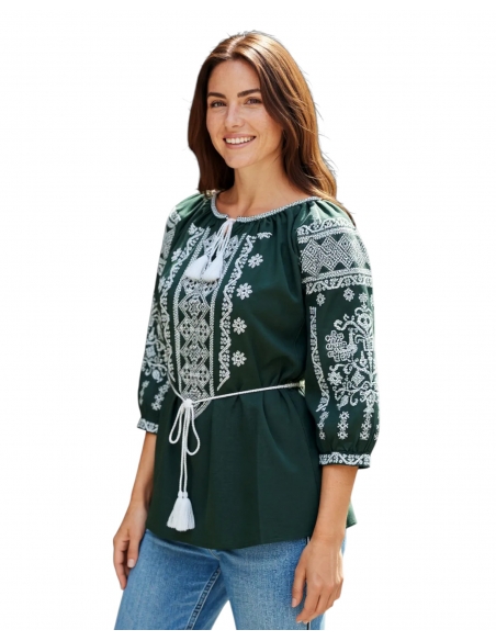 Ie Tradițională Verde cu Broderie Albă – Mărimi S-3XL