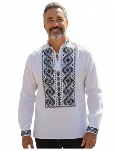 Ie tradițională românească bărbătească, broderie alb-negru, mărimi S–3XL