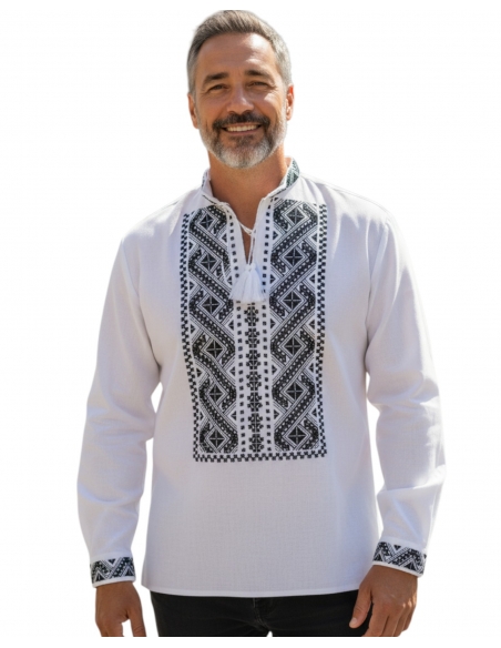 Ie tradițională românească bărbătească, broderie alb-negru, mărimi S–3XL