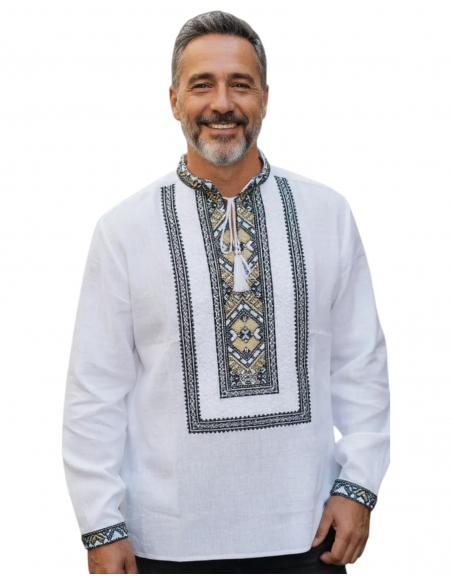 Ie tradițională bărbătească cu guler tip tunică, broderie verde cu auriu – mărimi S-3XL
