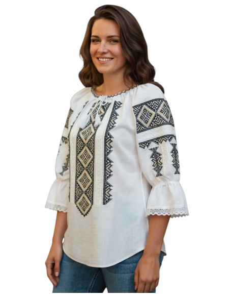 Ie tradițională bărbătească cu guler tip tunică, broderie verde cu auriu – mărimi S-3XL