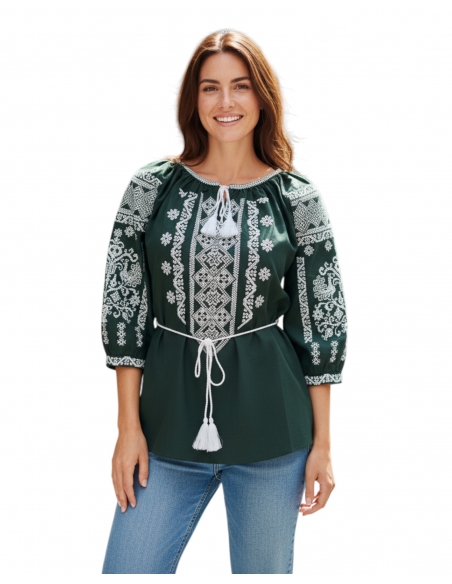 Ie Tradițională Verde cu Broderie Albă – Mărimi S-3XL