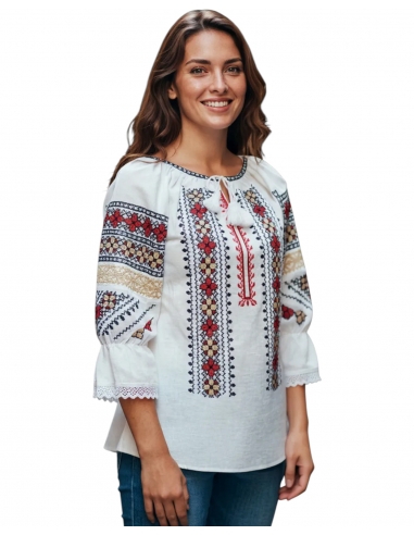 Ie Tradițională Românească cu Broderie Geometrică Roșu, Negru și Galben – Model Autentic