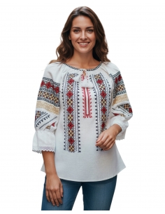 Ie Tradițională Românească cu Broderie Geometrică Roșu, Negru și Galben – Model Autentic