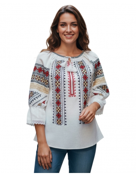 Ie Tradițională Românească cu Broderie Geometrică Roșu, Negru și Galben – Model Autentic