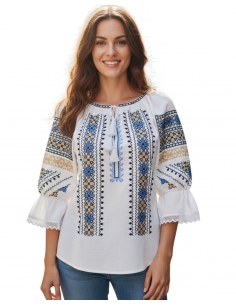Ie Tradițională Dama cu Broderie Albastră, Neagră și Crem, Mâneca Lungă, Mărimi S-3XL