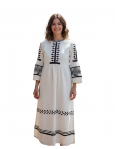 Rochie Tradițională din In cu Broderie Neagră și Roșie – Stil Autentic Românesc, Mărimi S-3XL