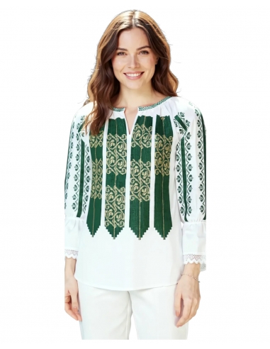 Ie Tradițională Românească de Damă – Broderie Verde cu Model Geometric – Mărimi S-3XL