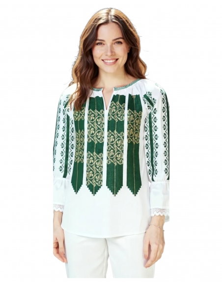 Ie Tradițională Românească de Damă – Broderie Verde cu Model Geometric – Mărimi S-3XL