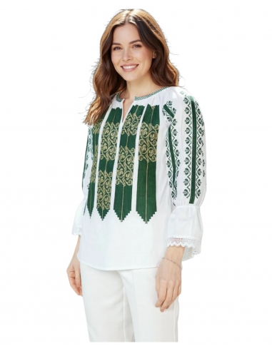 Ie Tradițională Românească de Damă – Broderie Verde cu Model Geometric – Mărimi S-3XL