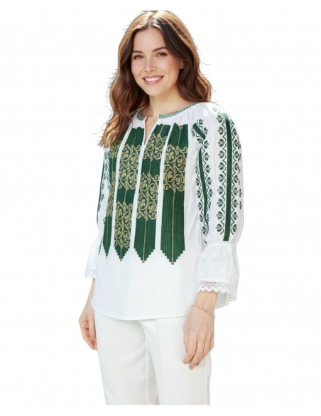 Ie Tradițională Românească de Damă – Broderie Verde cu Model Geometric – Mărimi S-3XL