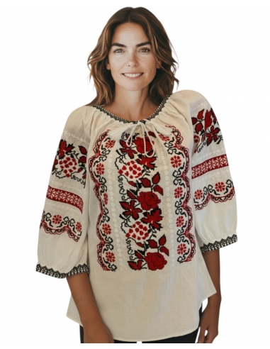 Ie Tradițională Românească de Damă – Broderie Roșie cu Flori și Motive Populare – Mărimi S-3XL