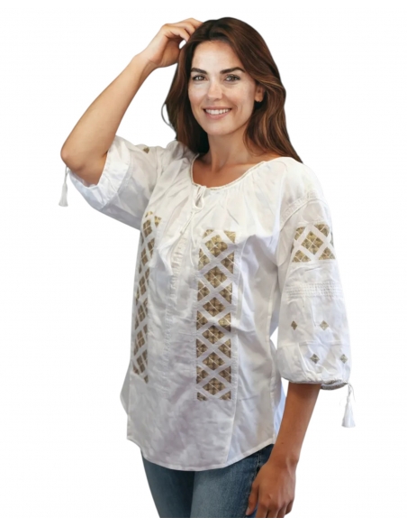 Ie românească tradițională cu broderie bej și mânecă trei sferturi – mărimi S-3XL