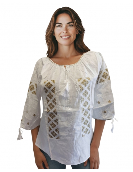 Ie românească tradițională cu broderie bej și mânecă trei sferturi – mărimi S-3XL
