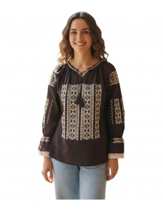 Ie Tradițională Românească Neagră cu Broderie Bej – Model Autentic și Elegant