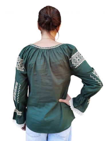 Ie Tradițională Românească Verde cu Broderie Bej – Model Autentic pentru Femei