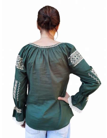 Ie Tradițională Românească Verde cu Broderie Bej – Model Autentic pentru Femei