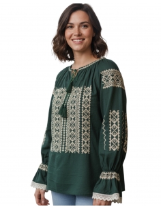 Ie Tradițională Românească Verde cu Broderie Bej – Model Autentic pentru Femei