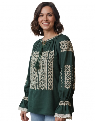 Ie Tradițională Românească Verde cu Broderie Bej – Model Autentic pentru Femei